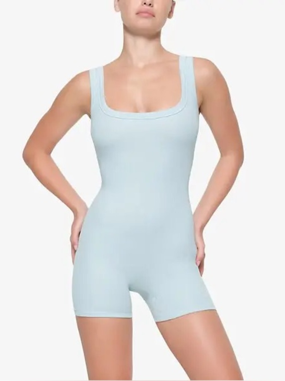 SKIMS Light Blue Cotton Ribbed Tank Shorts Romper Bodysuit S